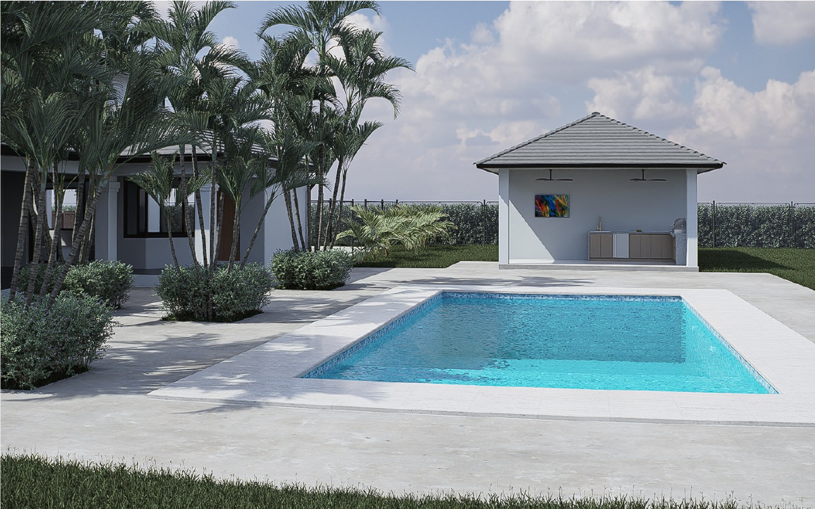 Privacy-safe guest house and pool rendering