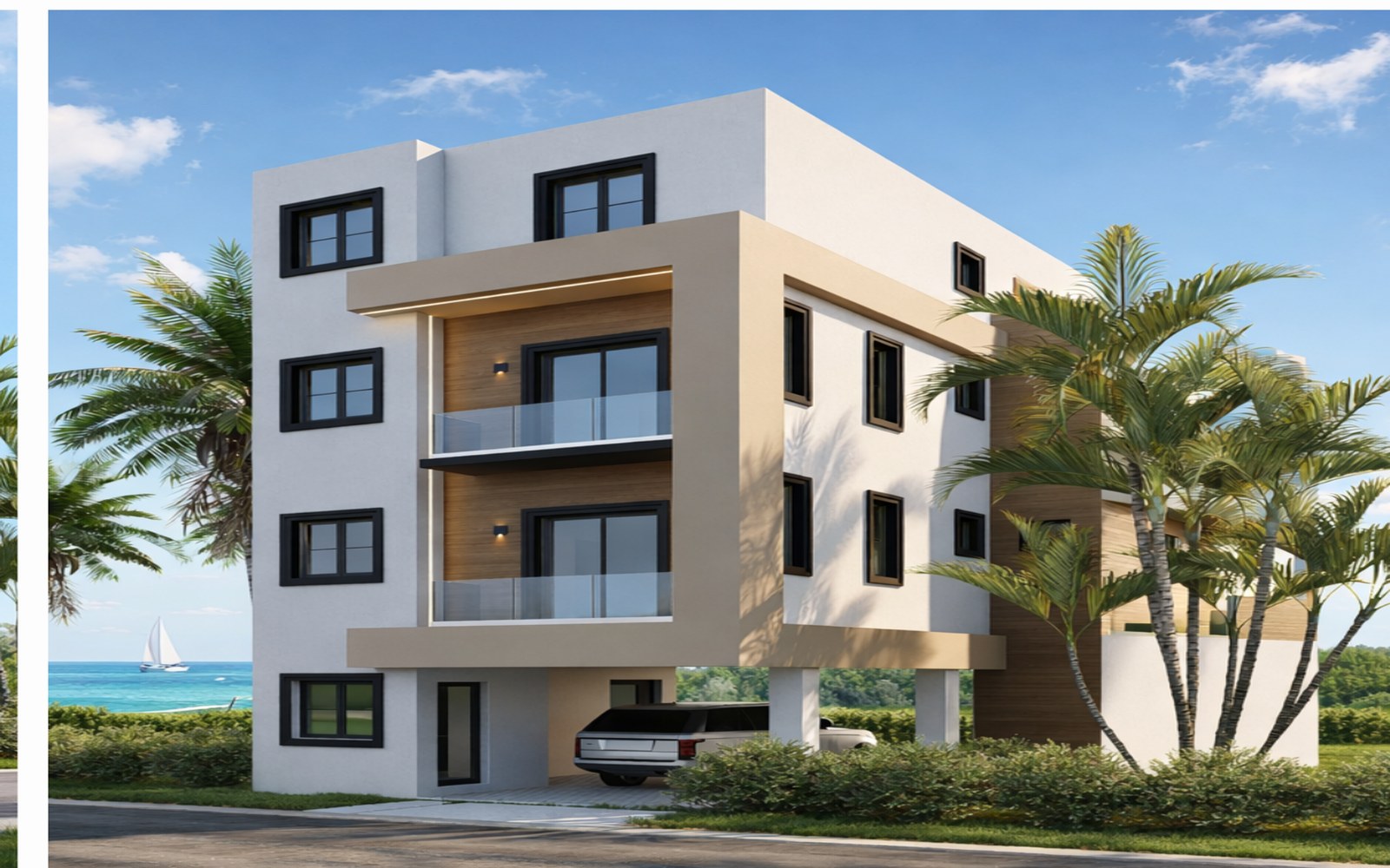 Privacy-safe modern coastal residence rendering